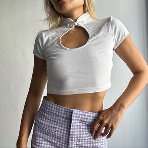 NWOT ASOS Oriental High Collared Peek-A-Boo Cropped Short Sleeves Tee in White